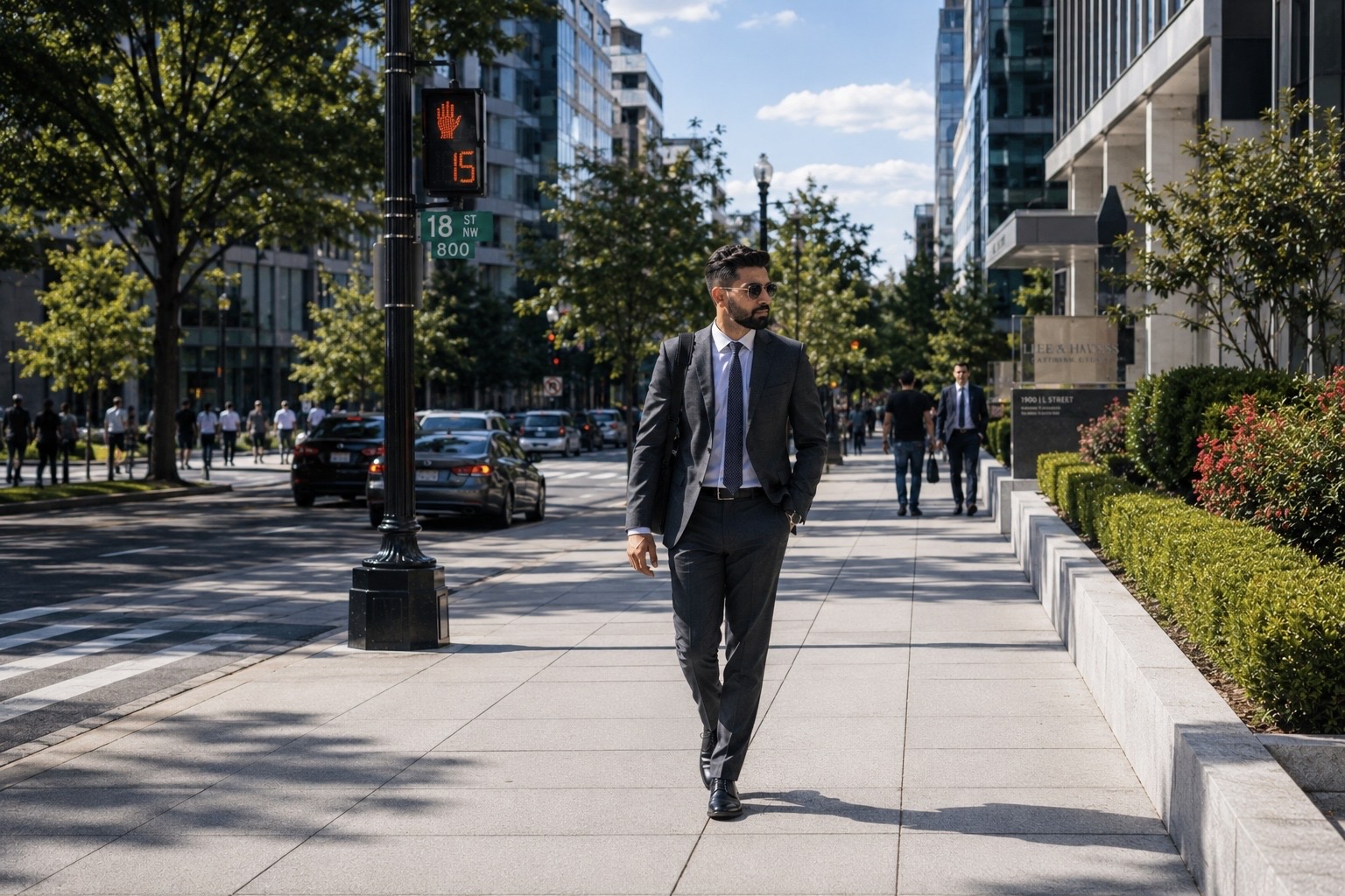 Kartik Siwach in a suit on a Washington, DC street