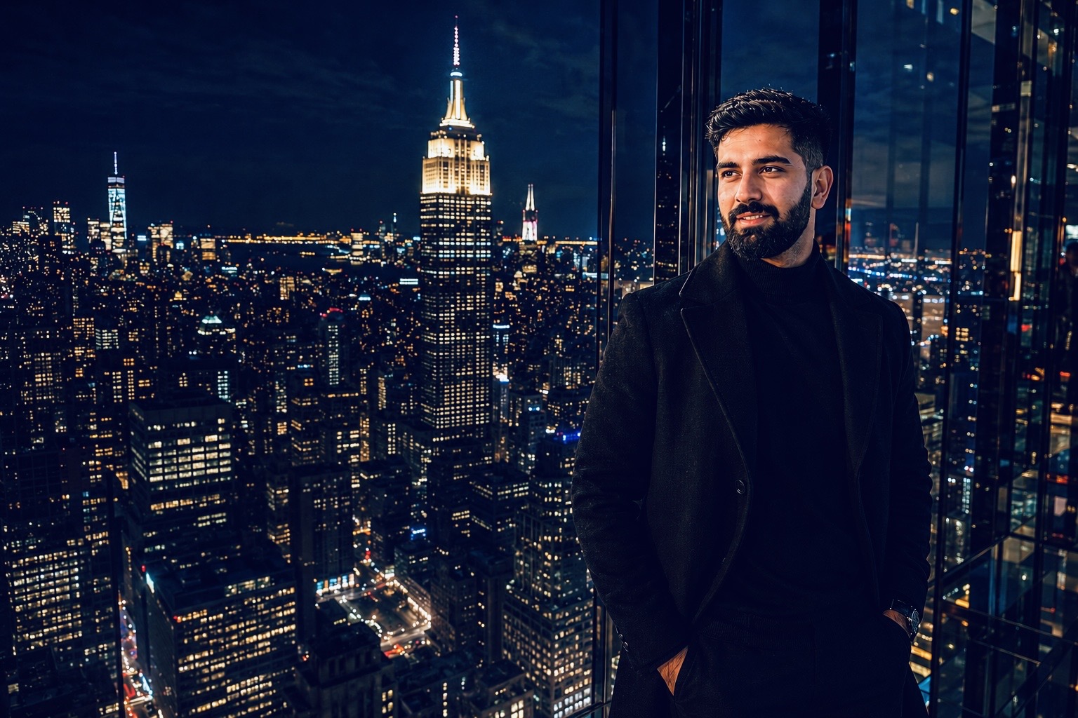 Kartik with the New York skyline at night