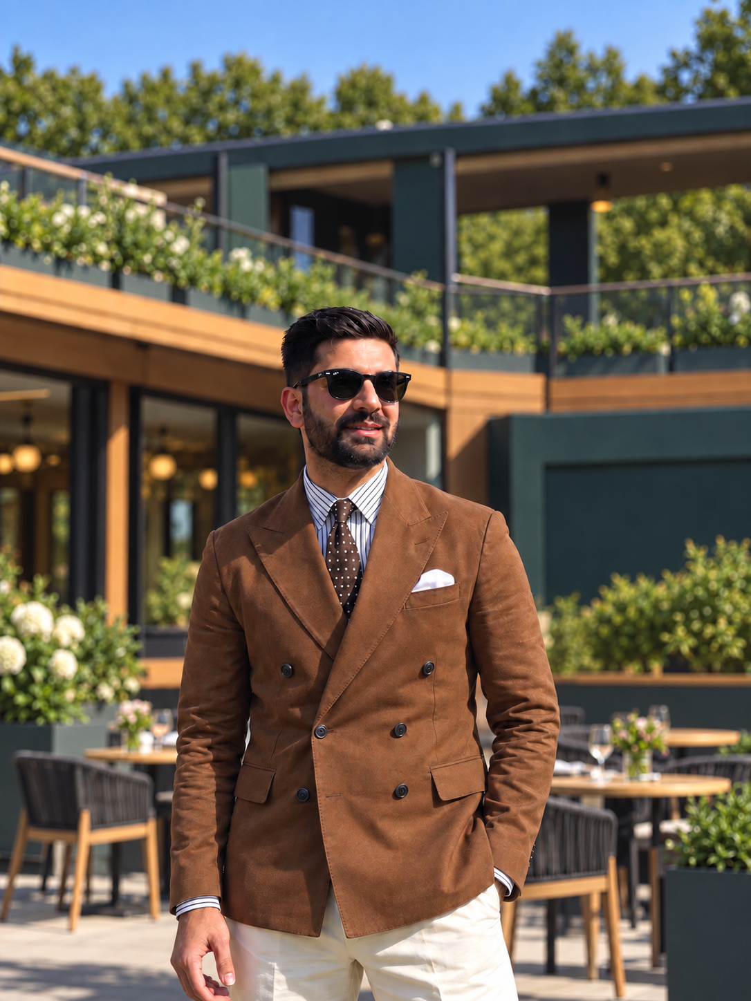 Kartik Siwach wearing a brown blazer on a sunlit terrace